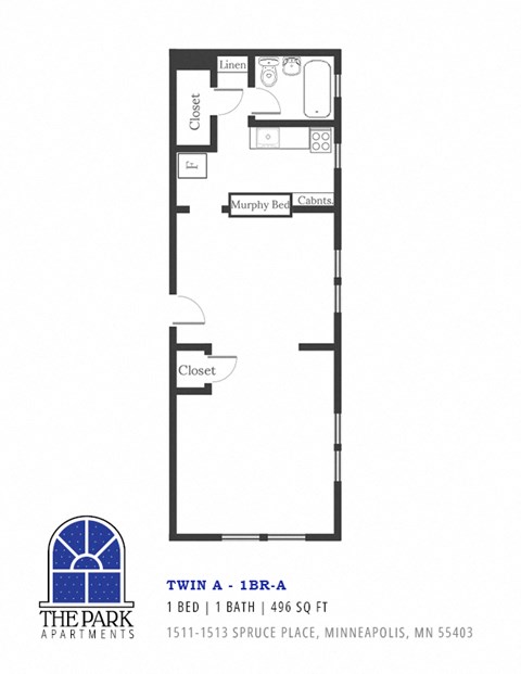 Floor plan for studio, 1 bath, 496 sqft