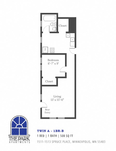 Floor plan for studio, 1 bath, 508 sqft