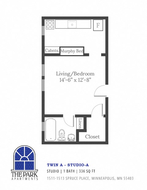 Floor plan for studio, 1 bath, 336 sqft