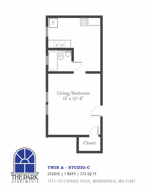 Floor plan for studio, 1 bath, 374 sqft