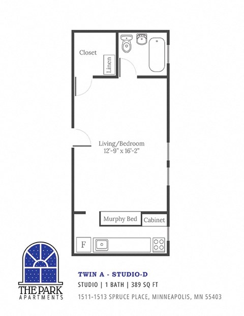 Floor plan for studio, 1 bath, 389 sqft