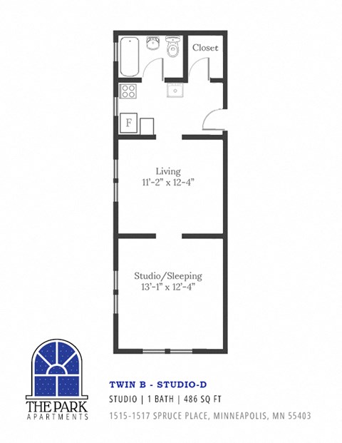 Floor plan for studio, 1 bath, 486 sqft