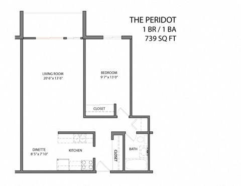 Floor plan for 1 bed, 1 bath, 739 sqft