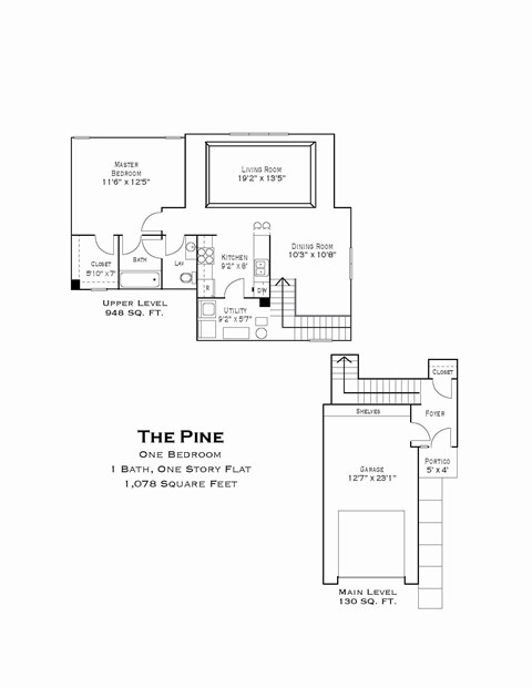 Floor plan for 1 bed, 1 bath, 1078 sqft