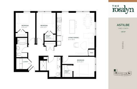 Floor plan for 3 beds, 2 baths, 1181 sqft