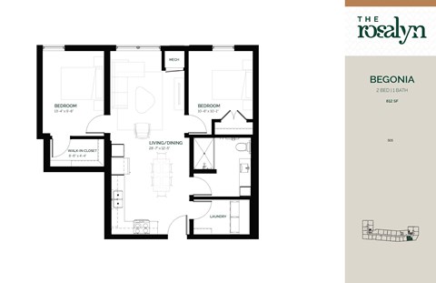 Floor plan for 2 beds, 1 bath, 812 sqft