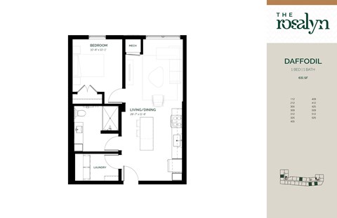 Floor plan for 1 bed, 1 bath, 631 sqft