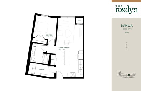 Floor plan for 1 bed, 1 bath, 701 sqft