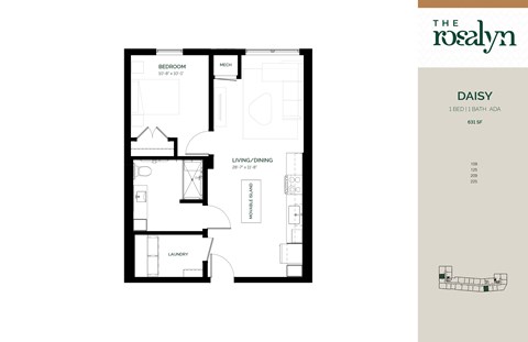Floor plan for 1 bed, 1 bath, 631 sqft