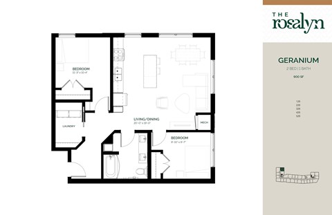 Floor plan for 2 beds, 1 bath, 900 sqft