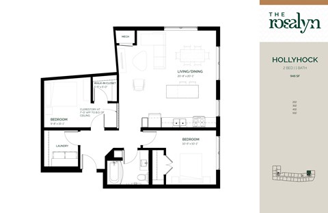 Floor plan for 2 beds, 1 bath, 946 sqft