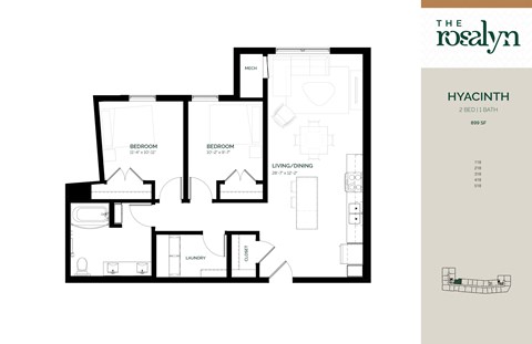 Floor plan for 2 beds, 1 bath, 899 sqft