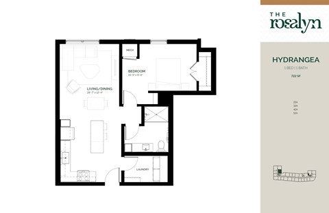 Floor plan for 1 bed, 1 bath, 722 sqft