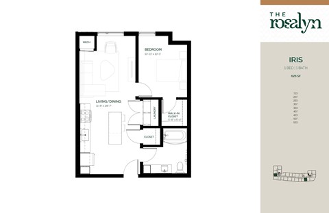 Floor plan for 1 bed, 1 bath, 626 sqft