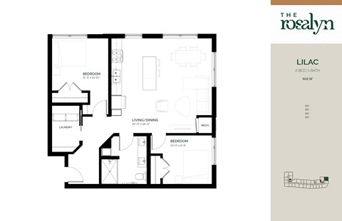 Floor plan for 2 beds, 1 bath, 902 sqft