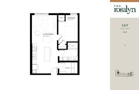 Floor plan for 1 bed, 1 bath, 639 sqft