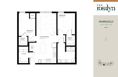 Floor plan for 2 beds, 1 bath, 926 sqft