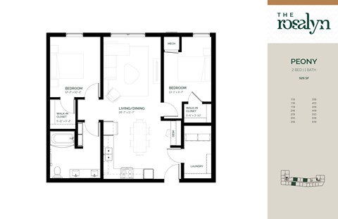 Floor plan for 2 beds, 1 bath, 926 sqft