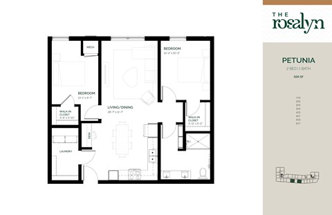 Floor plan for 2 beds, 1 bath, 926 sqft