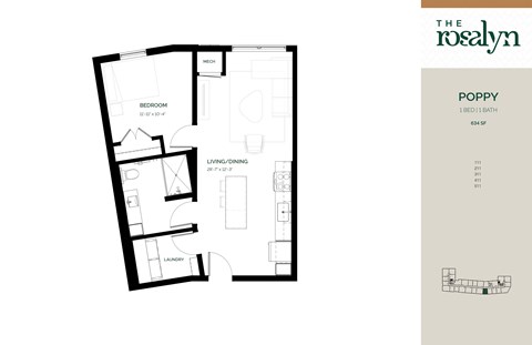 Floor plan for 1 bed, 1 bath, 634 sqft