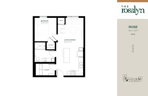 Floor plan for 1 bed, 1 bath, 593 sqft