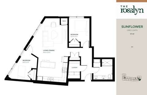 Floor plan for 2 beds, 1 bath, 973 sqft