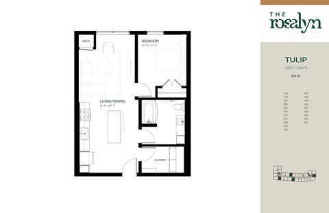 Floor plan for 1 bed, 1 bath, 631 sqft