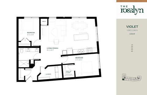 Floor plan for 2 beds, 1 bath, 1002 sqft