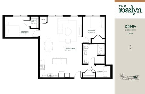 Floor plan for 2 beds, 1 bath, 1042 sqft
