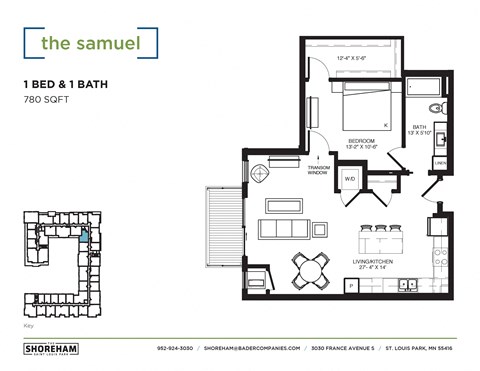 Floor plan for 1 bed, 1 bath, 780 sqft