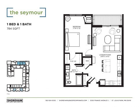 Floor plan for 1 bed, 1 bath, 784 sqft