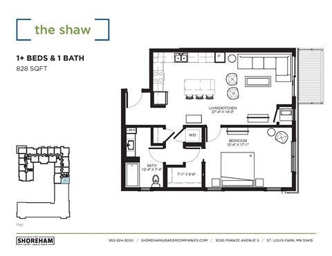 Floor plan for 1 bed, 1 bath, 828 sqft