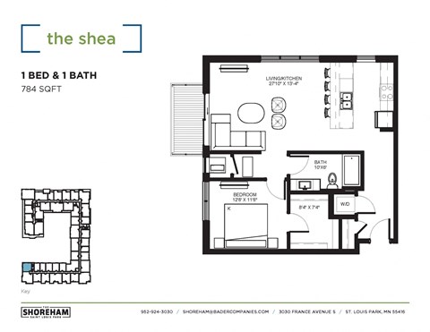 Floor plan for 1 bed, 1 bath, 784 sqft