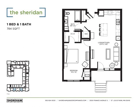 Floor plan for 1 bed, 1 bath, 784 sqft