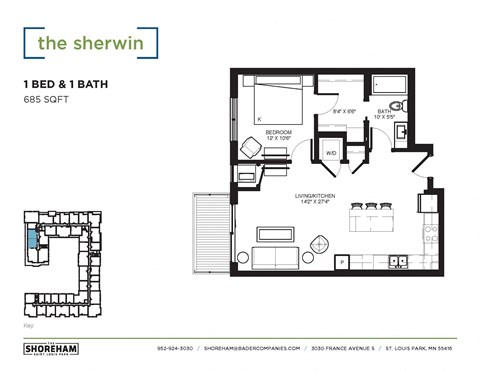 Floor plan for 1 bed, 1 bath, 685 sqft