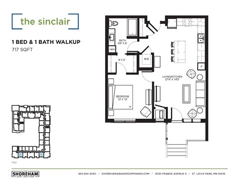 Floor plan for 1 bed, 1 bath, 717 sqft