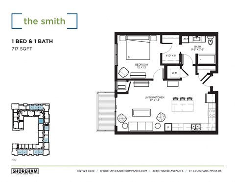 Floor plan for 1 bed, 1 bath, 717 sqft