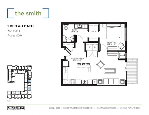 Floor plan for 1 bed, 1 bath, 717 sqft