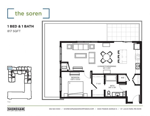 Floor plan for 1 bed, 1 bath, 817 sqft