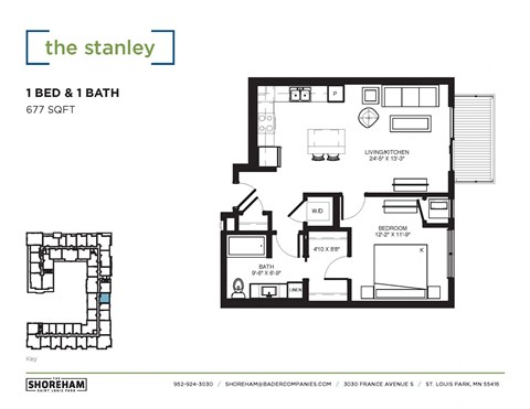 Floor plan for 1 bed, 1 bath, 677 sqft
