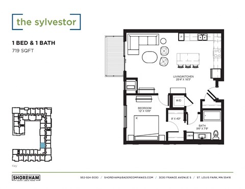 Floor plan for 1 bed, 1 bath, 719 sqft