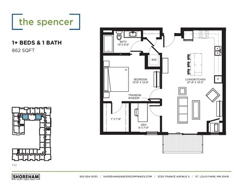 Floor plan for 1 bed, 1 bath, 862 sqft
