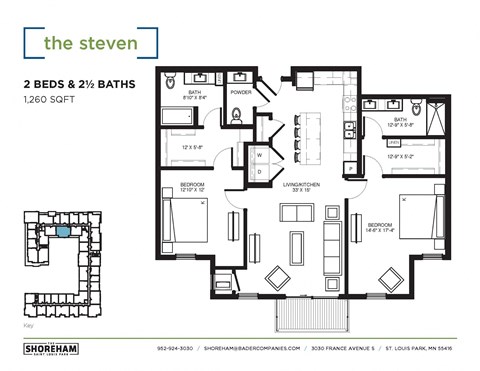 Floor plan for 2 beds, 2.5 baths, 1260 sqft