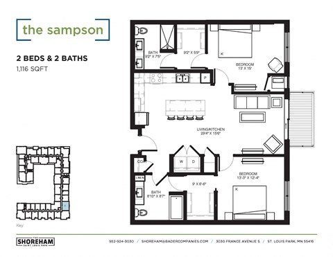 Floor plan for 2 beds, 2 baths, 1116 sqft