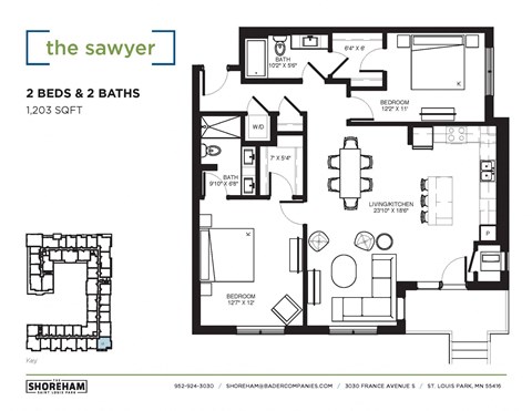 Floor plan for 2 beds, 2 baths, 1203 sqft