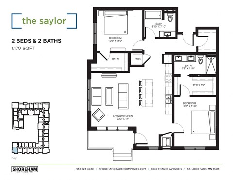 Floor plan for 2 beds, 2 baths, 1170 sqft