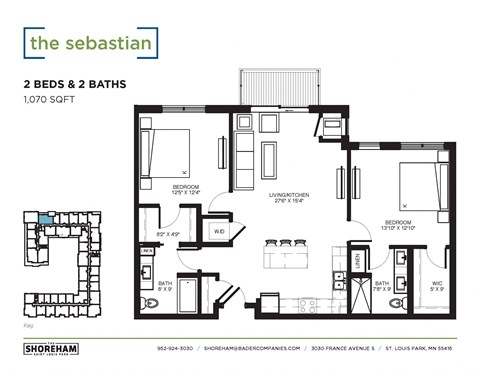 Floor plan for 2 beds, 2 baths, 1070 sqft