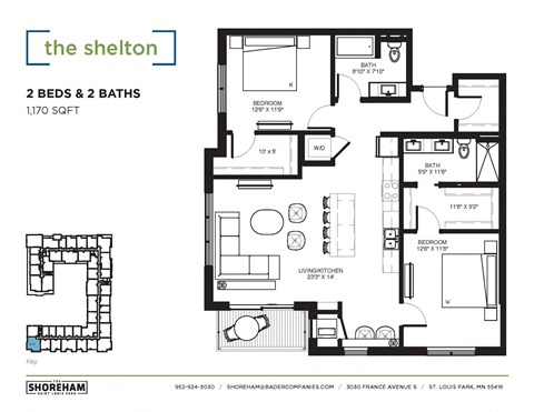 Floor plan for 2 beds, 2 baths, 1170 sqft
