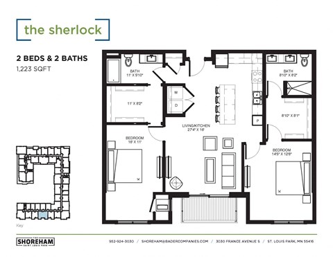Floor plan for 2 beds, 2 baths, 1224 sqft
