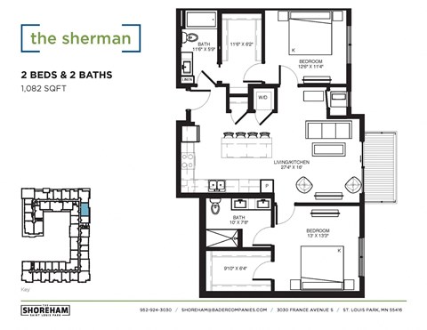 Floor plan for 2 beds, 2 baths, 1082 sqft